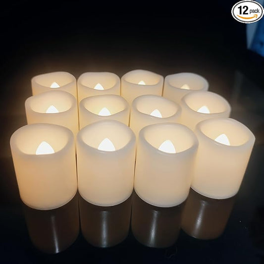 12 Pack Flameless Votive Candles Flickering Electric Fake Candles LED Battery Operated Tea Lights for Home Wedding Decor Party Table Halloween Christmas Decorations, Warm White Glow