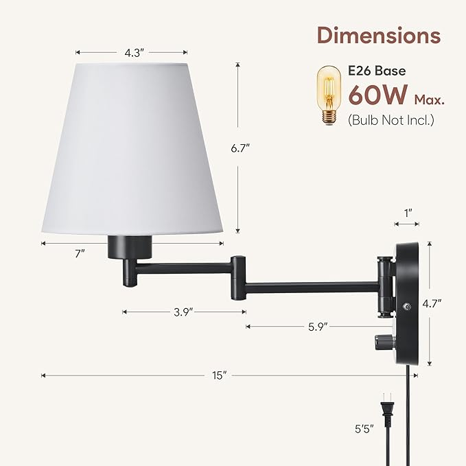 VONLUCE Wall Sconce Set of 2, Plug in & Hardwired Swing Arm Wall Lamps, Adjustable Wall Mounted Lighting Fixtures, Modern Wall Lights with Black Base White Fabric Shade for Bedside, Hallway, Study