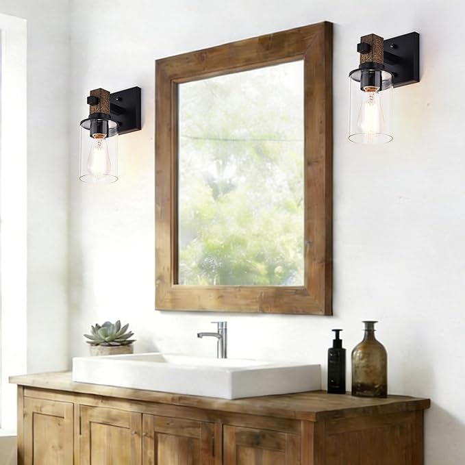 Rustic Wall Sconces Set of 2,Hardwired 1-Light Brown Wood Farmhouse Sconce with Clear Glass Cylinder Shade,Matte Black Metal Wall Light,E26 Indoor Bathroom Vanity Fixture for Mirror,Bedroom,Hallway
