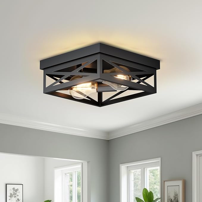 LVWIT 9.8 Inch Flush Mount Ceiling Light Fixtures, 2-Light Black Light Fixtures Ceiling Mount, Square Hallway Light for Kitchen Entryway Hall (E26 Base, Bulbs Not Included)