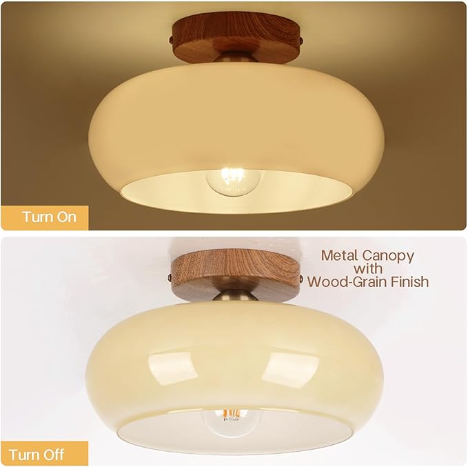 Mid Century Modern Schoolhouse Semi Flush Mount Ceiling Light, Cream Glass Lamp with Wood Grain Metal Base, Rustic Farmhouse Lighting Fixture for Bedroom, Hallway, Dining, Living, Entryway