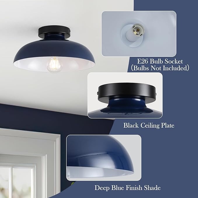 12 Inch Metal Semi Flush Mount Ceiling Light Fixture Industrial Small Ceiling Lights Kitchen Lighting Fixtures Ceiling with Navy Blue Shade for Hallway Entryway Bedroom Foyer Bathroom Laundry Room