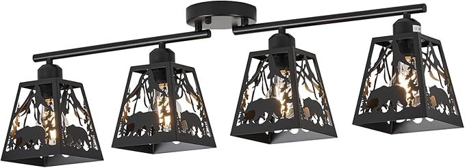 Rustic Flush Mount Ceiling Light - 4-Light Metal Fixture with Bear Design, Farmhouse Ceiling Lamp for Kitchen, Living Room, Bedroom, Dining Room, Entryway, Hallway (Bulbs not Included)