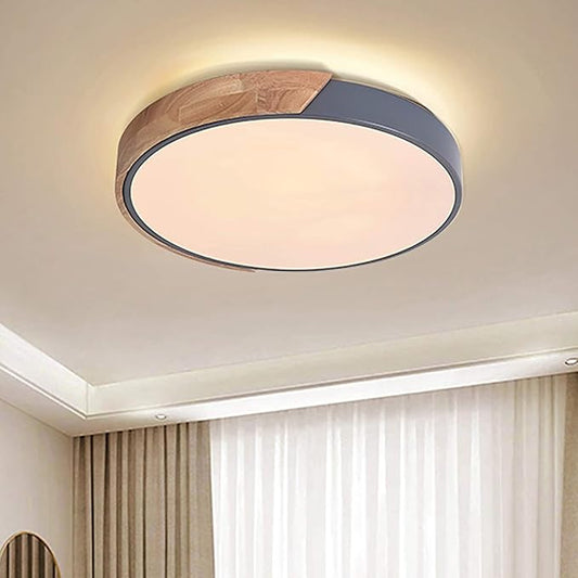 EDISLIVE Ceiling Light Dimmable 19 inch Modern Minimalist LED Round Shaped Wood & Metal & Acrylic Flush Mount Ceiling Light with Remote Control Gray