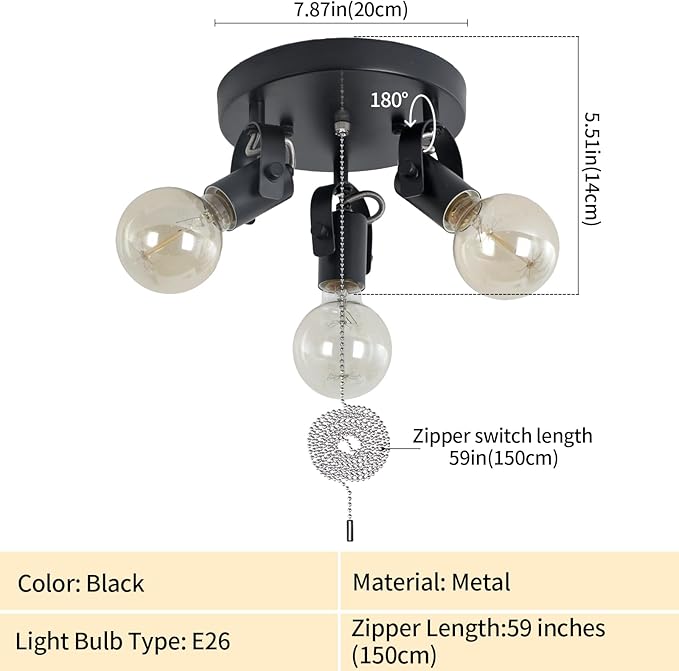 SEEBLEN 3 Light Flush Mount Ceiling Light with Pull Chain, Industrial Kitchen Ceiling with Rotatable Light Head,Black Pull Chain Spotlight for Bedroom Hallway Kitchen Laundry