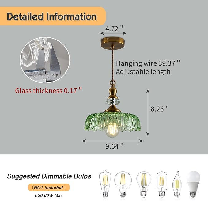 CVKASH Vintage Glass Pendant Light Fixture Green Adjustable Chandelier Modern Gold Hanging Ceiling Light for Farmhouse Dining Room Living Room Bedroom Entryway Kitchen Island
