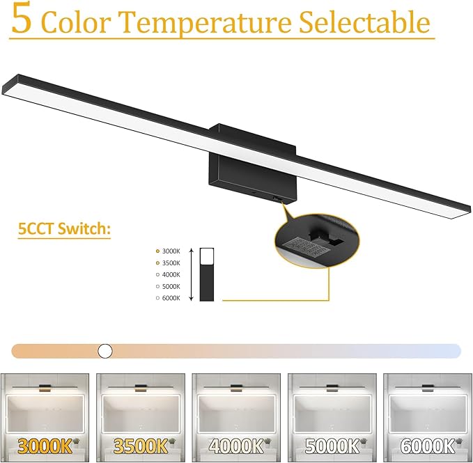 Ralbay 5 Color Temperature Dimmable Black Bathroom Vanity Light Bar 40inch Acrylic LED Modern Matte Black Bathroom Wall Lighting Fixtures Over Mirror