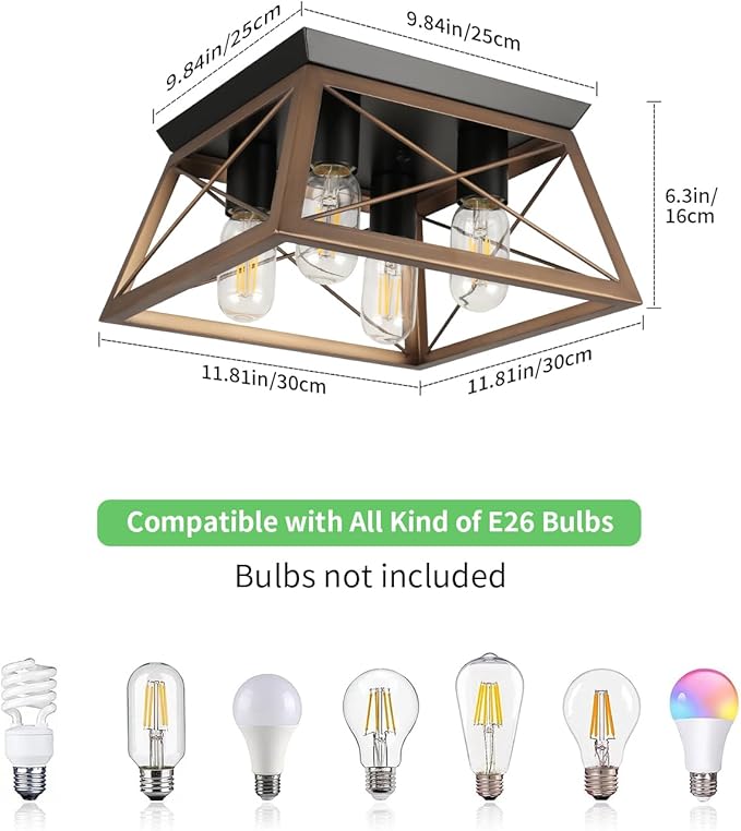Farmhouse 4-Light Bronze Flush Mount Rustic Kitchen Ceiling Lights, Industrial Dining Room Bedroom Hallway Entryway Foyer Light Fixtures