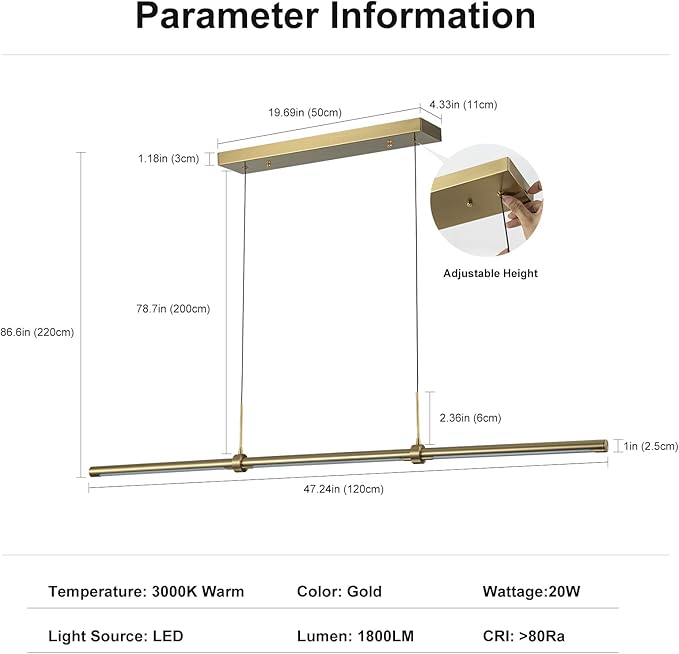EDISLIVE Modern Linear LED Island Light Dimmable LED Chandelier 47.24 in Adjustable Linear Hanging Light Fixture 3000K 20W Pendant Light for Dinning Room Kitchen，Gold