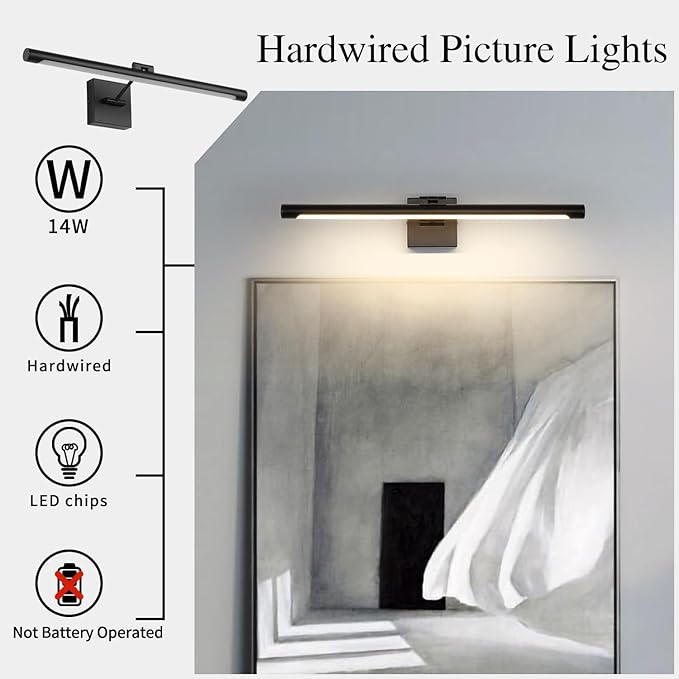 Joosenhouse LED Picture Light Modern Black Art Display Light Artwork Display Light for Paintings 14W (70W Eqv) Hardwired Connection 3000K 24.4 inches