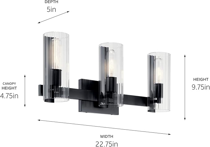 Kichler Jemsa 3-Light Bathroom Vanity Light Fixture, Modern Wall Mount Light with Clear Fluted Glass in Black for Bathroom or Powder Room (9.75" x 22.75"), 55168BK