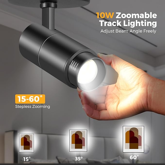 VANoopee 3-Color Zoomable Ceiling Spot Lights Indoor Flush Mount Adjustable LED Ceiling Spotlight Directional Light Fixture Dimmable Accent Light for Picture Art -CRI90 15-60° 10W 1000lm Black