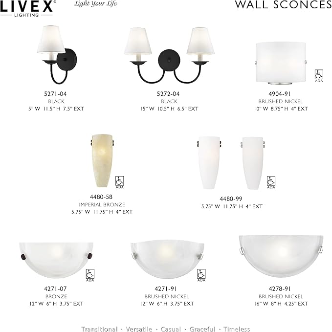 Livex Lighting 4271-91 Home Basics 1 Light Brushed Nickel Wall Sconce with White Alabaster Glass