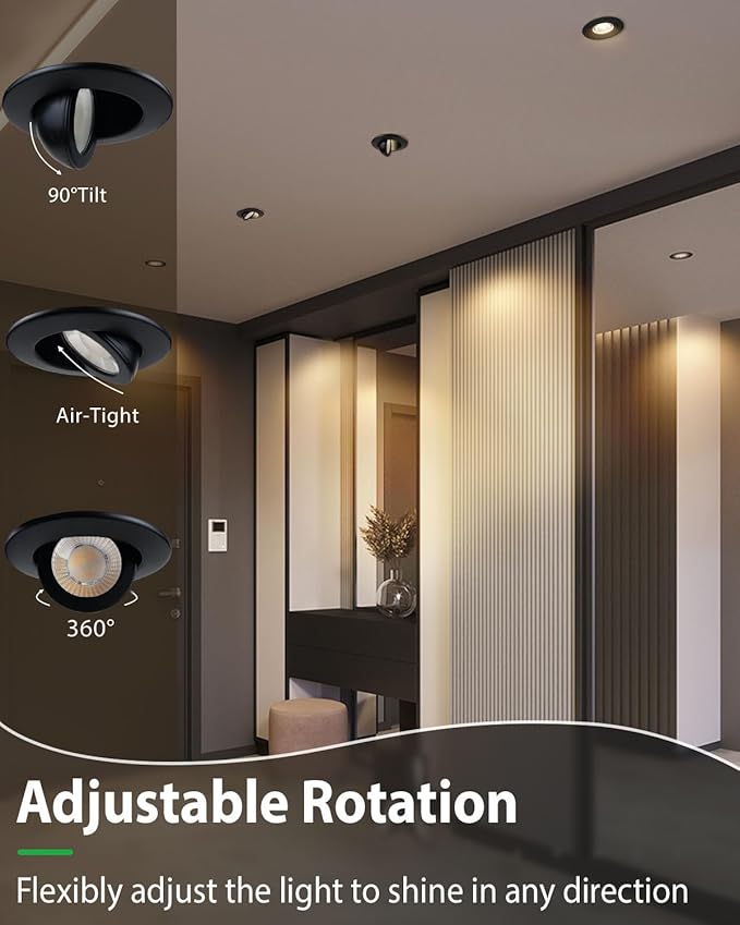 zouzai 3 Inch 5CCT Gimbal Black Led Recessed Lighting with Junction Box, 2700K/3000K/3500K/4000K/5000K, 7W Eqv 80W, 360°+90° Adjustable Led Recessed Lights, 798LM Brightness - ETL (Black, 6 Pack)