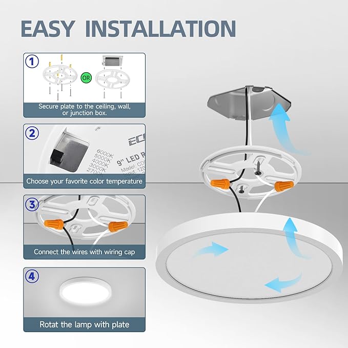 ECOELER 9“ Flush Mount Ceiling Light with 5CCT Selectable (2700K,3000K,4000K,5000K,6000K), 24W 1800Lm Dimmable Flat Ceiling Light Surface Mount for Kitchen, Hallway, Bedroom, 4Pack