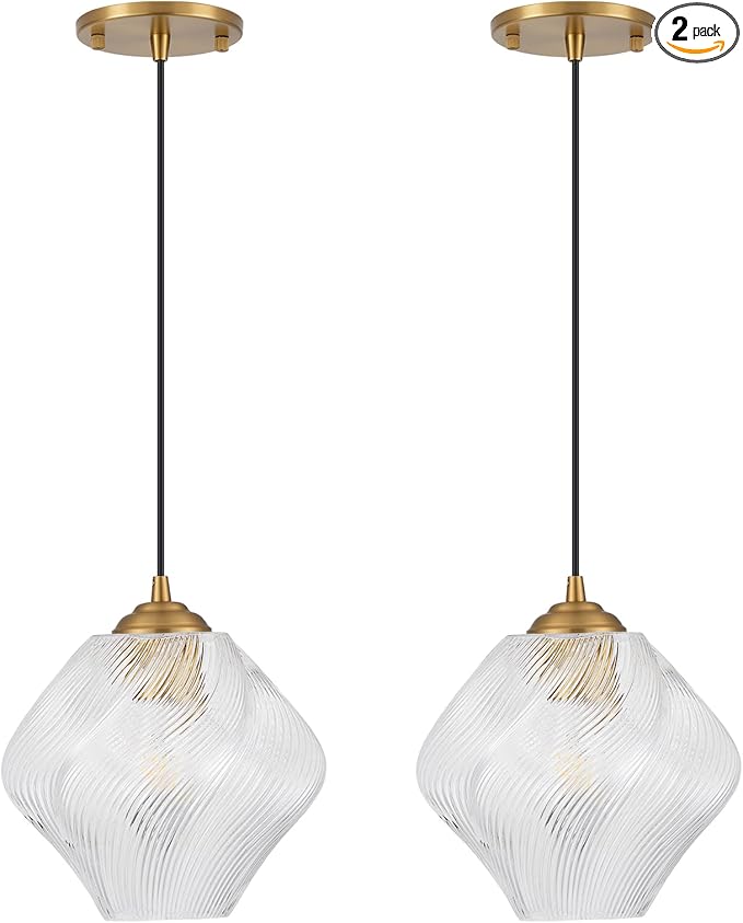 Glass Pendant Light Fixtures, Mid Century Modern Ceiling Hanging Lights with Height Adjustable, Brass Gold Pendant Lighting for Kitchen Island, Hallway, Dining Room, Bedroom (2 Pack)