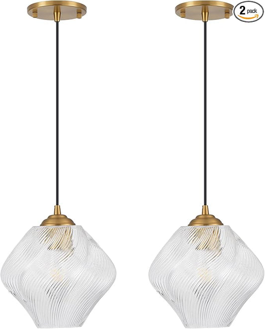 Glass Pendant Light Fixtures, Mid Century Modern Ceiling Hanging Lights with Height Adjustable, Brass Gold Pendant Lighting for Kitchen Island, Hallway, Dining Room, Bedroom (2 Pack)