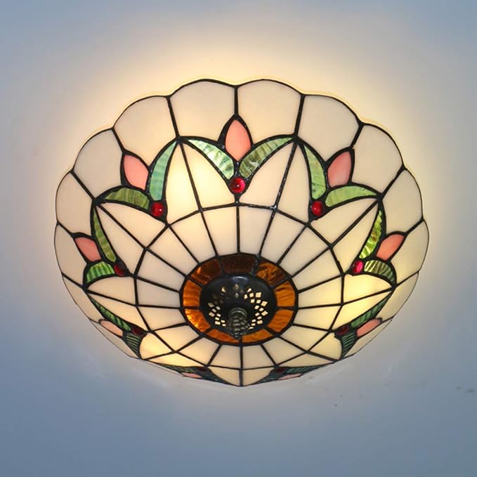 Tiffany Style Ceiling Light Vintage Stained Glass Flush Mount Ceiling Lighting Fixtures Lamps (12 Inch W)