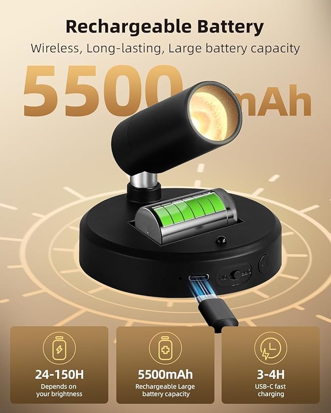 EZVALO Spotlights Indoor with Remote, 5500mAh Rechargeable Picture Lights, Wireless LED Uplighting with Timer＆Dimmable, 3CCT, Display Lights for Plant Painting, Artwork, Accent Lighting (2Pack-Black)