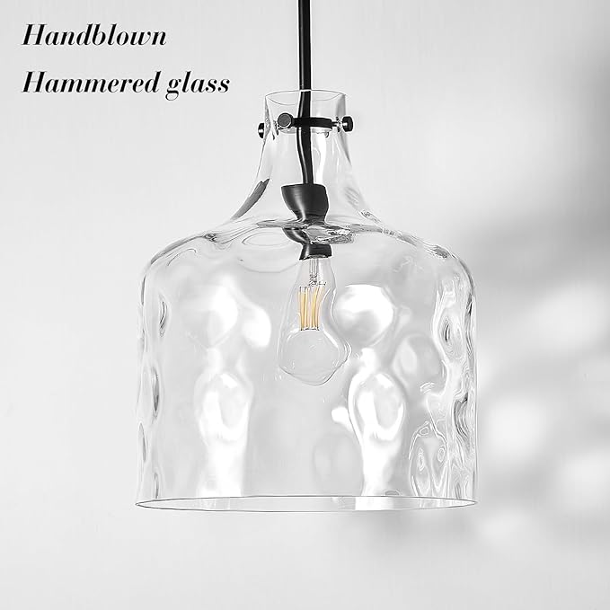 CATINER Extra Large 16" Vintage Farmhouse Pendant Light – Hand-Blown Clear Hammered Glass Shade, Adjustable Chain, Hanging Light for Kitchen Island, Dining Room, Hallway, Black Finish