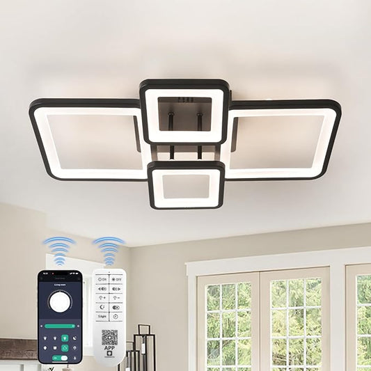 Modern Ceiling Lights 24" 42W, Dimmable Kitchen Lighting Fixtures Ceiling, 3000-6500K Light Fixture Ceiling Mount with Remote Control, Black Square LED Ceiling Light for Bedroom
