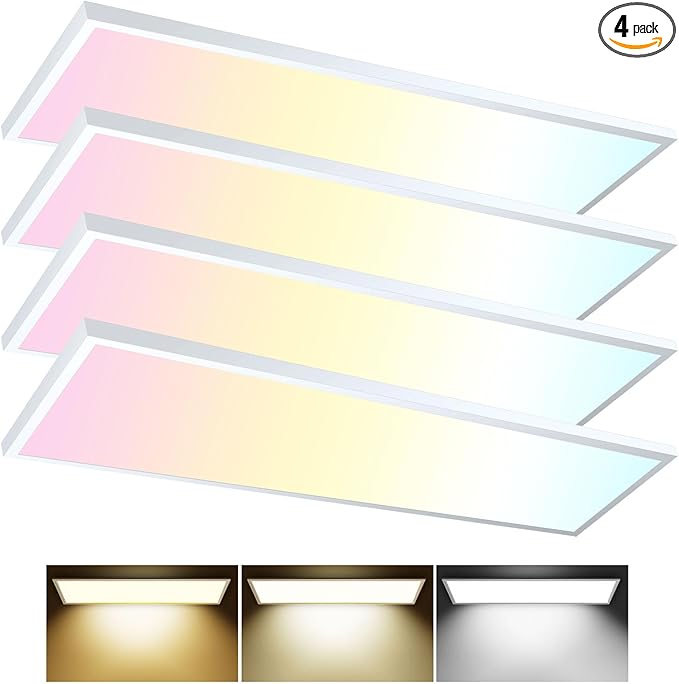 AIKVSXER 4PACK 1x4 Flat Panel Light Surface Mount LED Ceiling Light, 5500LM 50W TRIAC 10-100% Dimmable, 3000/4000/5000k Selectable 48 Inch LED Light Fixture 120V LED Light for Garage/Kitchen