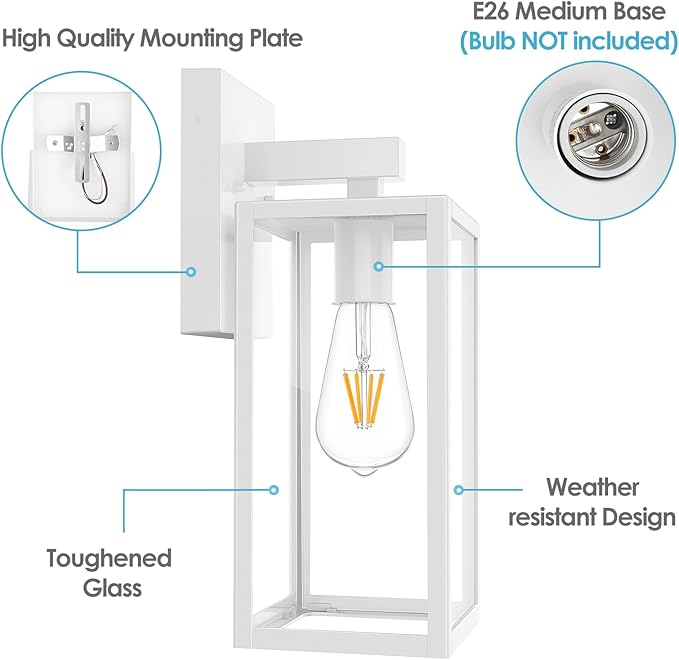 MAXvolador Outdoor Wall Sconce, Exterior Waterproof Lantern Light Fixtures, White Porch Light Toughened Glass, Anti-Rust E26 Patio Lighting, 2 Pack