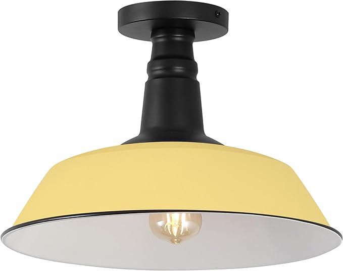 JONATHAN Y 14" Matte Yellow/Black 1-Light Industrial LED Semi Flush Mount Ceiling Light for Porch, Kitchen, Entryway, Modern Farmhouse Iron Fixture, White Metal Shade, LED Bulb Included (JYL7617H)