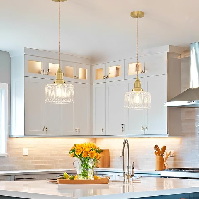 Vintage Pendant Light Set of 2, Brushed Gold Pendant Lights Kitchen Island with Clear Glass, Brass Kitchen Island Light Adjustable Hanging Light for Entrance Living Room Bathroom Dining Room Hallway