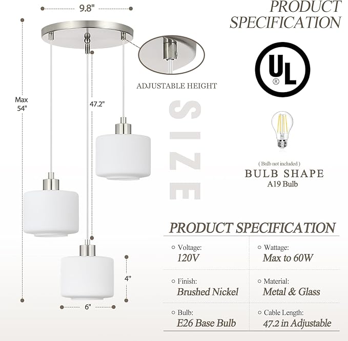 Brushed Nickel Dining Room Chandelier Light Fixture, 3-Light Pendant Lighting with Milk Glass, Modern Kitchen Island Cluster Hanging Pendant Lights for Kitchen Dining Room, OS-YQ8153-3BNW
