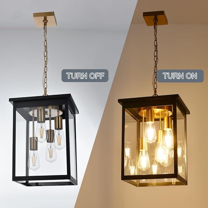 TODOLUZ Outdoor Pendant Light Fixtures, 4-Lights Large Outdoor Ceiling Hanging Lanterns in Black & Brushed Brass, Farmhouse Exterior Chandelier for Front Door Entry Patio