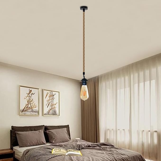 LEDSone Farmhouse Vintage Hemp Rope Pendant Light Hemp Rope Adjustable Ceiling Hanging Pendant Light E26 Base Industrial Hemp Rope Retro Pendant Lighting Fixture for Dining Room Kitchen (Pack of 1)