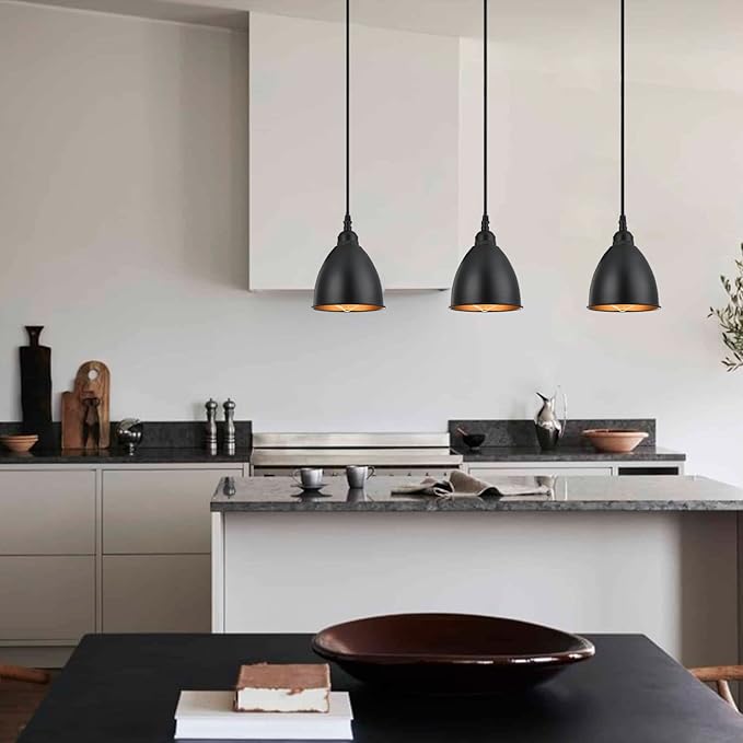 TERLEENART 3-Lights Kitchen Island Pendant Light,Industrial Farmhouse Hanging Chandelier with Matt Black Metal Bell Shade Build-in Golden Color, for Dining Room Table Staircase Hallway