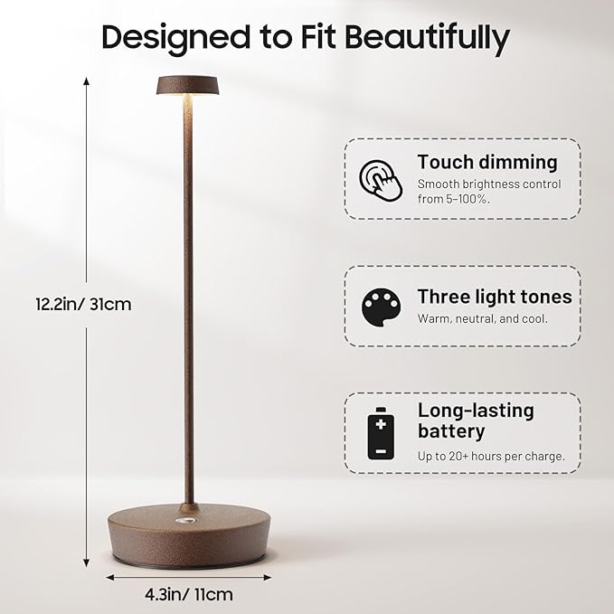 Cordless LED Table Lamp，Rechargeable Battery Desk Lamps, 3 Color Stepless Dimmable Metal Battery Table Lamps, Portable Waterproof Table Light for Indoor/Outdoor/Restaurant (Rust)