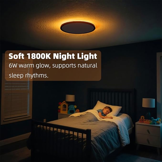 15 Inch LED Flush Mount Ceiling Light with Night Light, 30W 3000LM, 5CCT-2700K/3000K/4000K/5000K/6500K & Dimmable, Black Round Ceiling Light for Bedroom, Kitchen