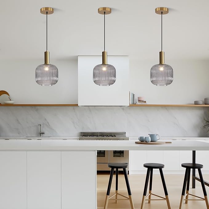 BOKT Modern Smoke Gray Glass Pendant Light 2-Pack Kitchen Island Globe Striped Pendant Lights Farmhouse Adjustable Cord Hanging Light Fixture for Dining Room