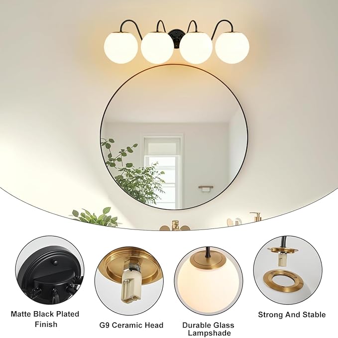 4 Lights Vintage Bathroom Vanity Light Fixtures Over Mirror, Matte Black Vanity Lights For Bathroom With Milk White Glass Globe Shade, Wall Lights For Bedroom, Hallway, Dressing Table(Includ G9 Bulbs)