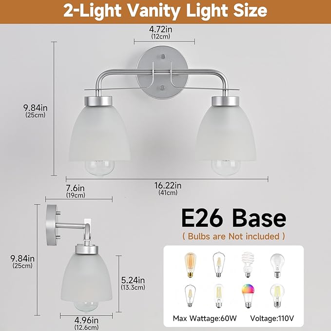 16 Inch Mid-Century Modern Vanity Lights, 2-Light Silver Bathroom Light Fixture with Frosted White Bell Shades, Industrial Wall Sconce for Mirror Over Vanity, Bedroom, Hallway (2 Pack)