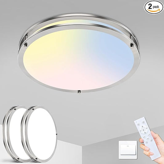 libtit 2Pack 10Inch Flush Mount Ceiling Lights with Remote, 18W Dimmable LED Ceiling Light with Nightlight and Timer, 3000K-6500K Adjustable Brushed Nickel Light Fixture for Closet Kitchen Hallway
