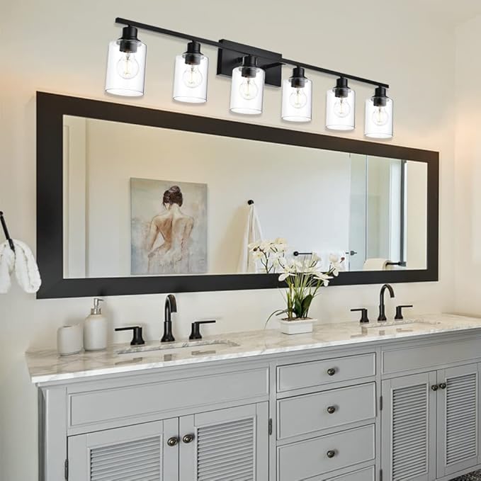 VINLUZ Bathroom Vanity Light Fixtures,6 Light Matte Black Modern Metal Base Wall Sconce Lighting with Clear Glass Shade Wall Mounted Lamp for Mirror