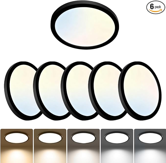 6 Pack 12 Inch LED Flush Mount Ceiling Light Fixtures, 24W 2640LM & 5 CCT Selectable (2700K-6500K), Non Dimmable, Super Slim Modern LED Lights for Bedroom Kitchen Hallway Apartment,Black