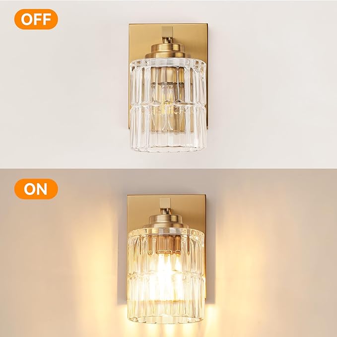 TALOYA 4 Inch Bathroom Light Fixtures,Modern,Set of 2 Light Brushed Gold Vanity Lights with Wide Vertical Ribbed Thickened Glass Shade for Mirror Makeup Room Hallway（Bulbs Not Included）