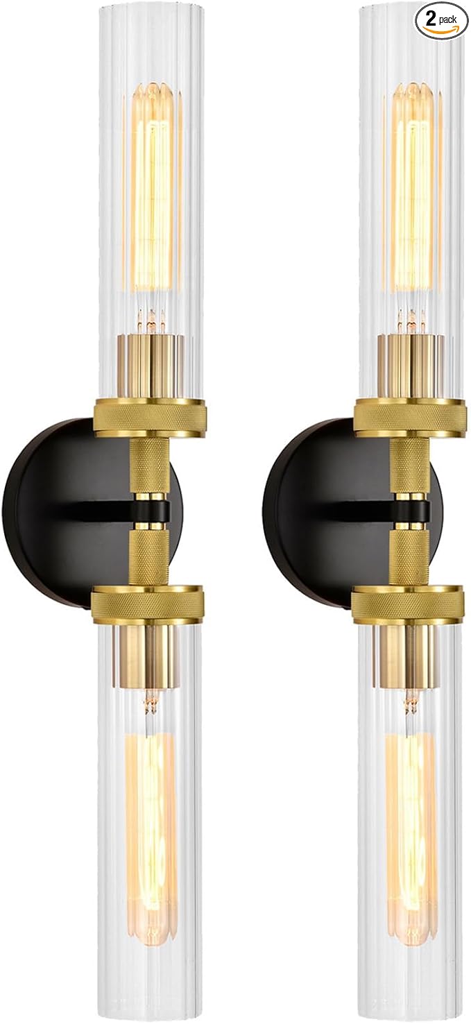 LaLuLa Black and Gold Vanity Light Fixtures 2-Pack – Modern Hardwired Dual-Light Wall Sconces with Rippled Glass Shades, Textured Metal Bathroom Lighting for Over Mirror or Hallway, 25" Height