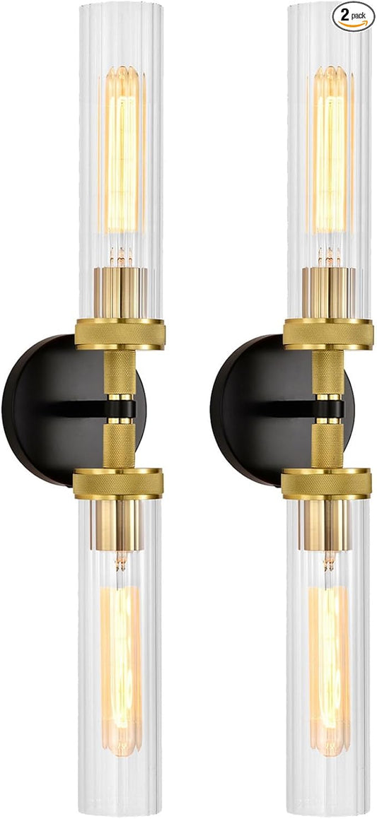 LaLuLa Black and Gold Vanity Light Fixtures 2-Pack – Modern Hardwired Dual-Light Wall Sconces with Rippled Glass Shades, Textured Metal Bathroom Lighting for Over Mirror or Hallway, 25" Height