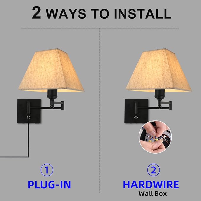 13" Modern Swing Arm Wall Lamp Plug in Wall Sconce with USB and Type-C Port Wall Mounted Lamp with Dimmable Switch Black Wall Sconce Beige Fabric Shade Suitable for Hallway Bedroom Living Room