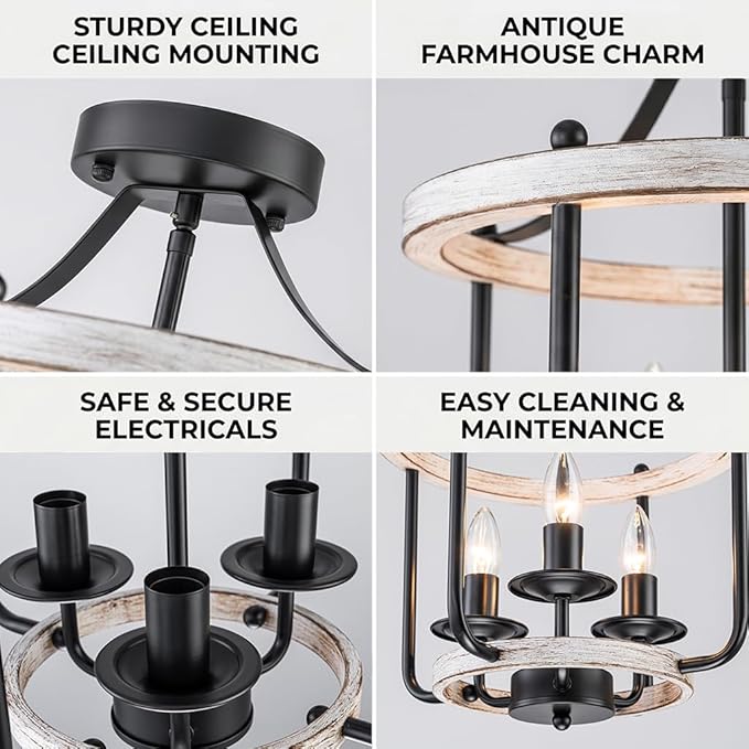 Farmhouse Semi Flush Mount Ceiling Light Fixtures, Industrial Rustic Ceiling Lamp Metal Cage Hallway Light Fixtures(3-Light Whitewashed Wood Finish)