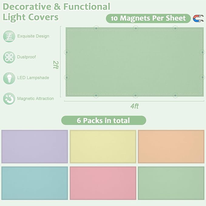 QOUBAI 6PCS Fluorescent Light Covers, 4x2 Feet Magnetic Light Cover Fluorescent Lights Shade Panel Positive Inspirational Ceiling Lights Filters for Office Classroom Home Drop Ceiling Pastel