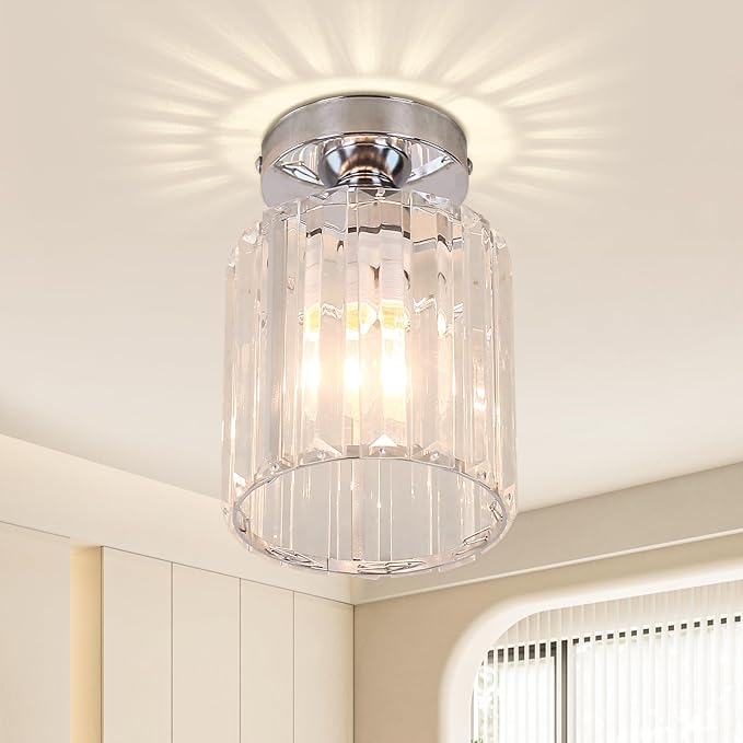 FRIXCHUR Small Chandelier Crystal Ceiling Light Semi Flush Mount Ceiling Lighting Fixture Modern Crystal Ceiling Light for Hallway Kitchen Island Dining Room Bedroom E26 Base Chrome