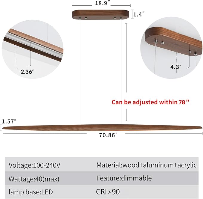 YISDESIGN 71" Wood Linear Pendant Light Wood Linear Dinning Room Light Island Lights LED Dimmable Chandelier 40w for Dining Room Billiard & Pool Table Walnut Color