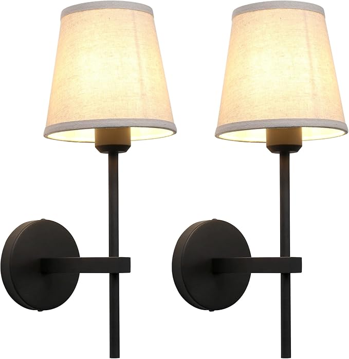 Set of 2 Vintage Wall Sconces with Linen Fabric Shade, E26 Bathroom Vanity Lights, Hardwired Indoor 1-Light Wall Mounted Lamps for Hallway Bedside Nightstand Light